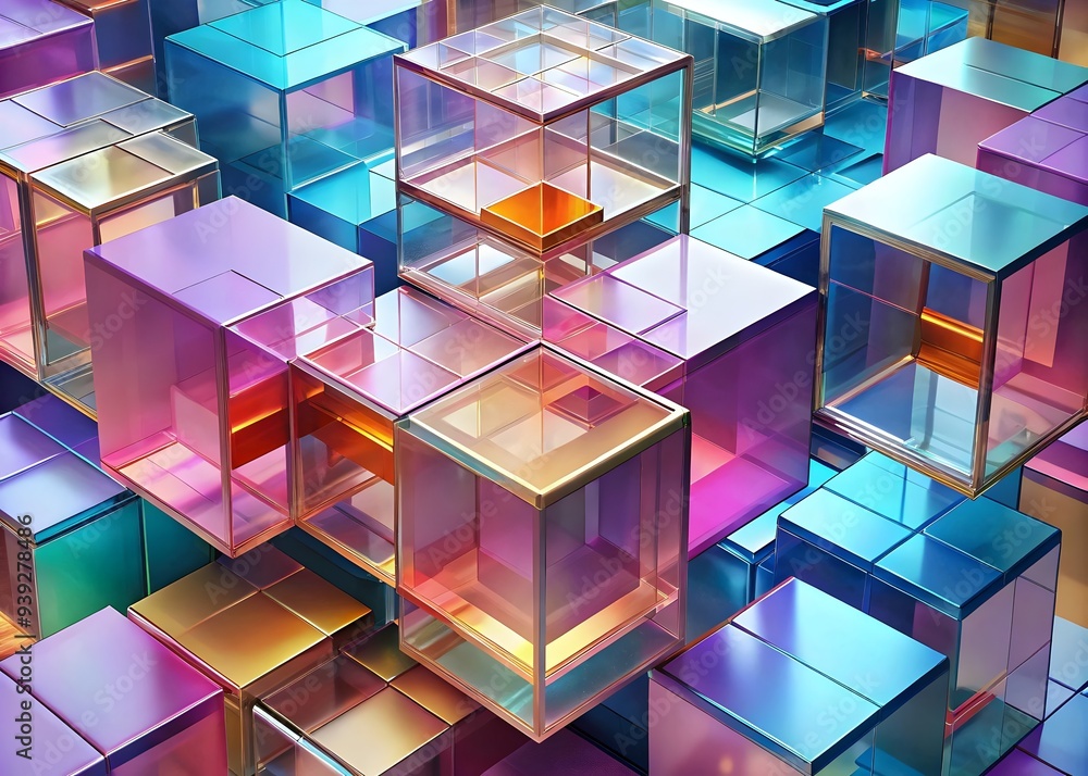 Poster vibrant colorful transparent cubes reflecting light creating depth