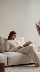 Relaxing afternoon of reading on a cozy sofa in a minimalist modern living room