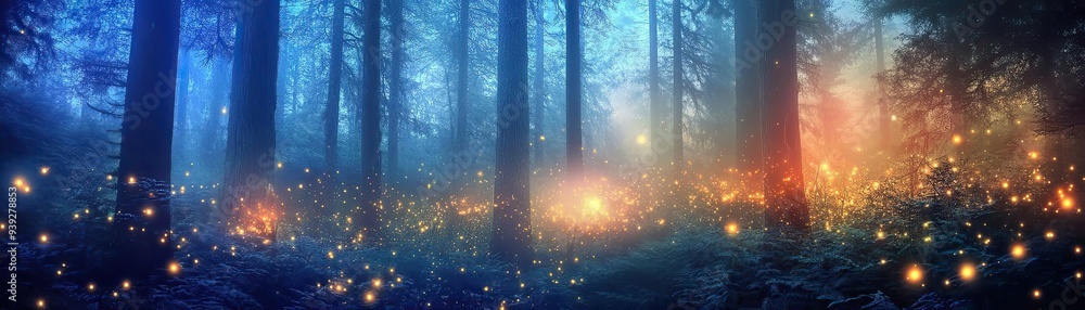 Poster a captivating forest scene illuminated by glowing lights, creating a mystical and enchanting atmosph