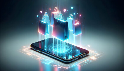 Smartphone with Holographic Shopping Bags concept as Horizontal shot of a smartphone placed on a white surface with glowing holographic shopping bags floating above it creating a futuristic Black Frid