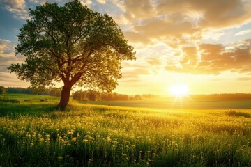 Obraz premium Sustainable energy options: harnessing wind and solar power for a green future with vibrant sunrises and thriving landscapes