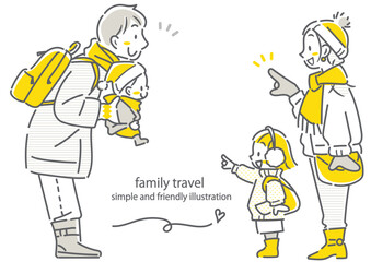 冬のお出かけを楽しむ4人家族　シンプルでお洒落な線画イラスト