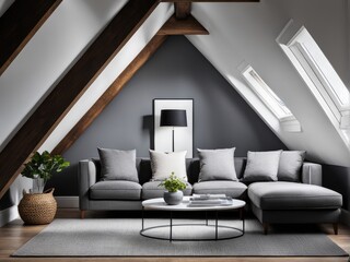 Gray attic living room interior with sofa. 3d rendering