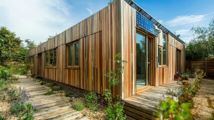 Sustainable Serenity, a minimalist eco-home featuring a warm wood finish, integrated solar energy system, blending modern design with environmental consciousness.