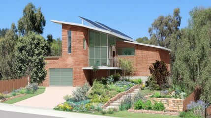 Fototapeta premium Minimalist Eco-Home Design, a sustainable dwelling featuring a lush rain garden and integrated energy-efficient systems for a harmonious living environment