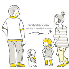 若い家族の後ろ姿　四人　シンプルでお洒落な線画イラスト