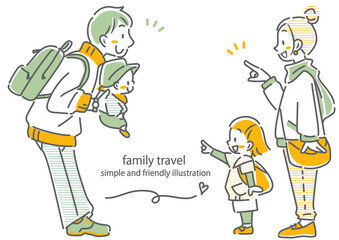 旅行へ出かける4人家族　シンプルでお洒落な線画イラスト