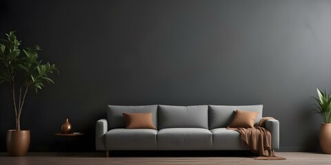 A gray sofa with brown throw pillows in a dark room with a plain wall background.