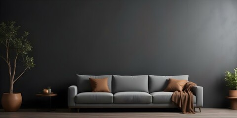 A gray sofa with brown throw pillows in a dark room with a plain wall background.