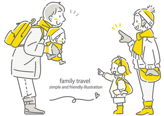 冬のお出かけを楽しむ4人家族　シンプルでお洒落な線画イラスト