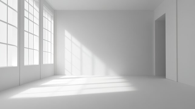 Minimalist White Room Background: A Clean and Simple Interior Scene Featuring a Pristine White Room with Smooth Walls, Even Lighting, and an Airy, Spacious Atmosphere. The Room is Devoid of Furniture,