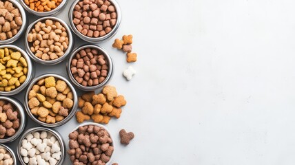 Assorted pet foods with nutritional labels arranged in a veterinary clinic, pet health, veterinary diet