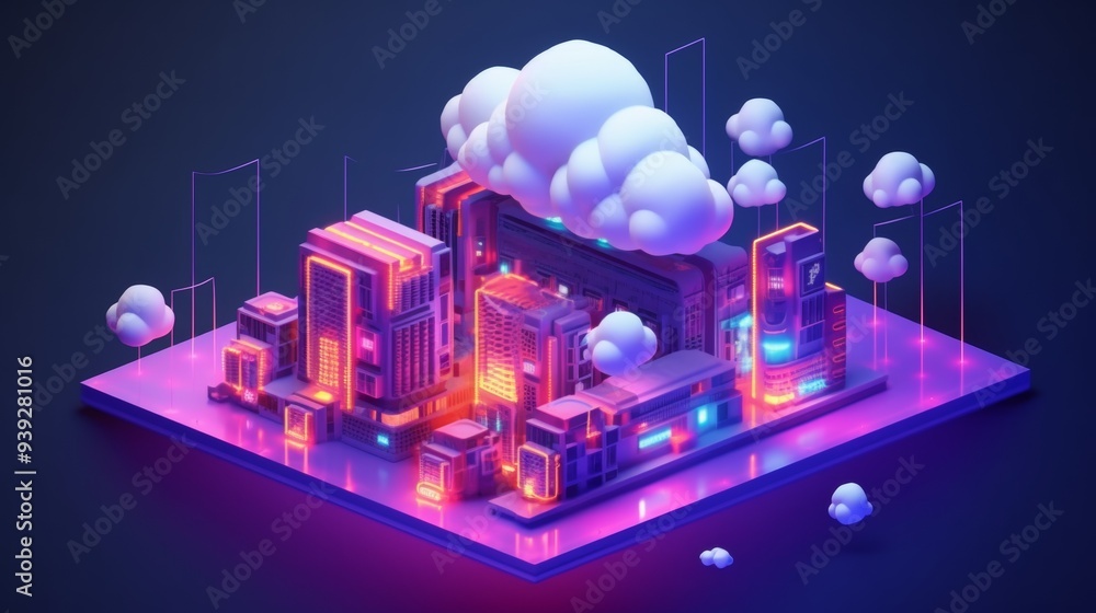 Poster isometric cloud storage for downloading, representing a digital service or application facilitating 
