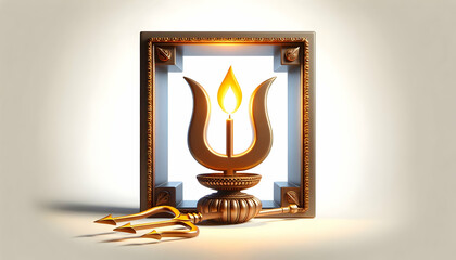 3D Diya and Trident Border Frame concept as Vertical frame with a lit diya on the top and a trident on the bottom creating a sacred and powerful Dussehra themed copy space with a focus on light and st