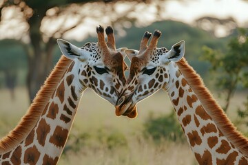Fototapeta premium Portrait of a giraffe with its long neck and spots in the zoo, showcasing its tall and wild nature