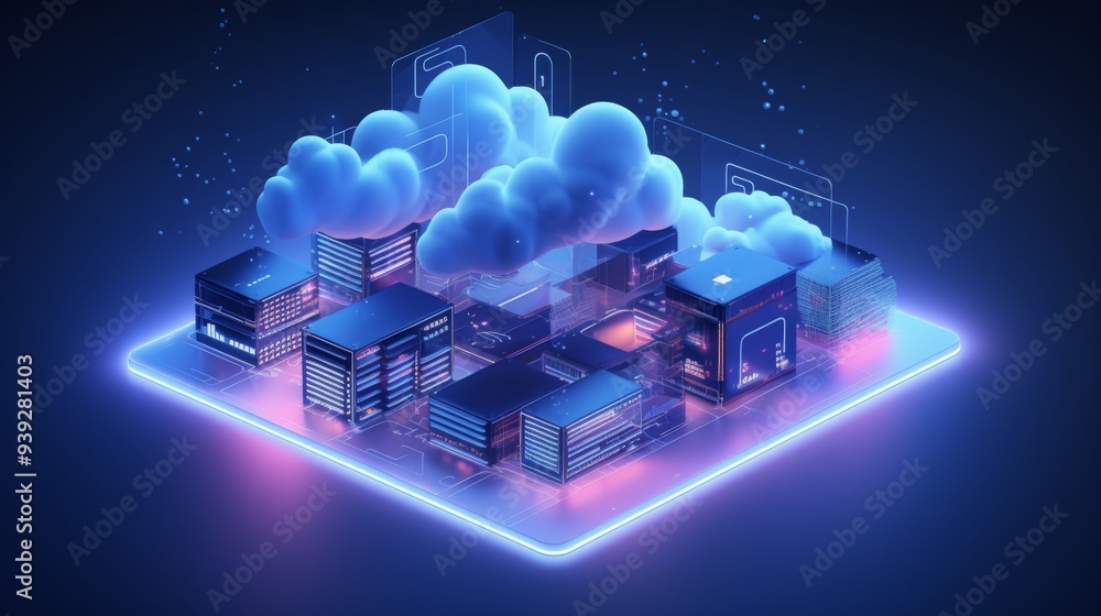 Poster Isometric cloud storage for downloading, representing a digital service or application facilitating data transmission. It embodies network computing technologies, showcasing a futuristic server