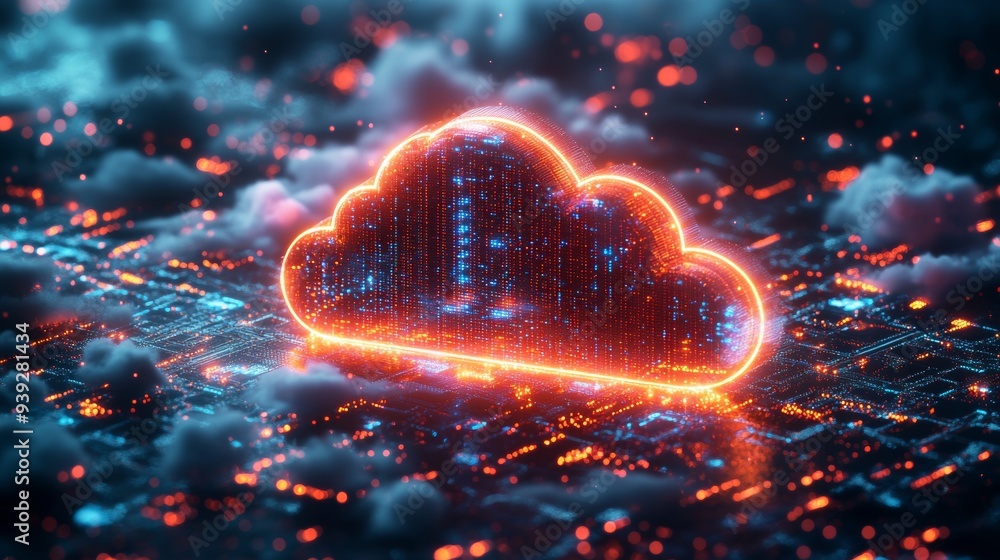 Poster Isometric cloud storage for downloading, representing a digital service or application facilitating data transmission. It embodies network computing technologies, showcasing a futuristic server