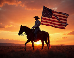 Cowboy on horseback holding an American flag, silhouetted against a warm, colorful sunset with space for text.


