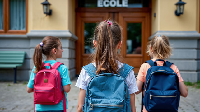 groupe d'enfant le jour de la rentr&eacute;e scolaire avec des cartable devant une &eacute;cole