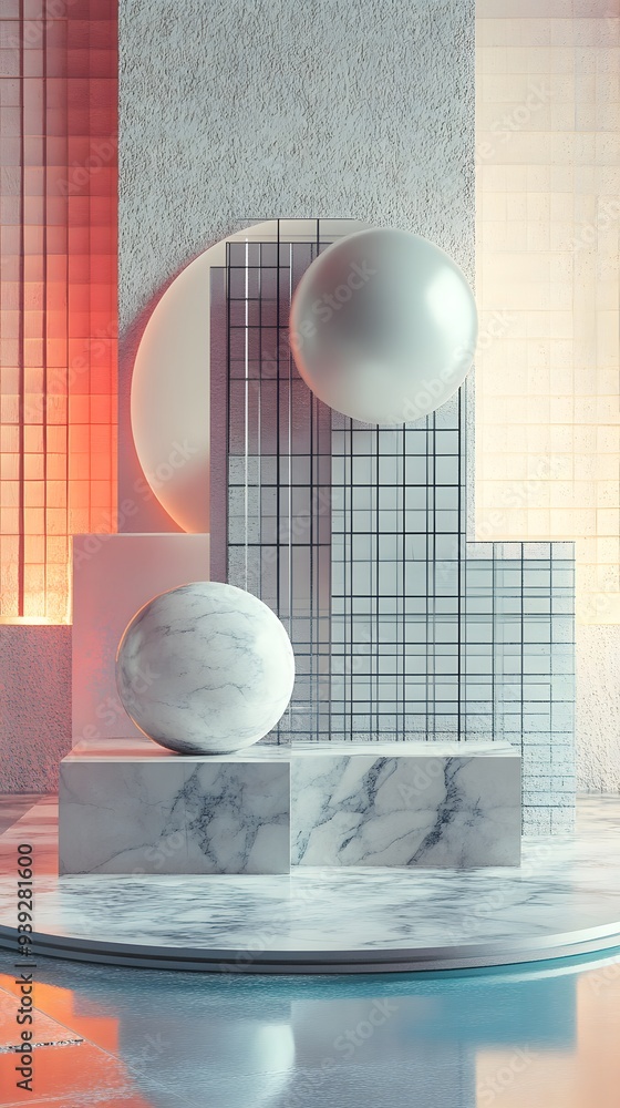 Poster 98. sleek 3d render featuring layered geometric forms and a textured circle ceramic backdrop