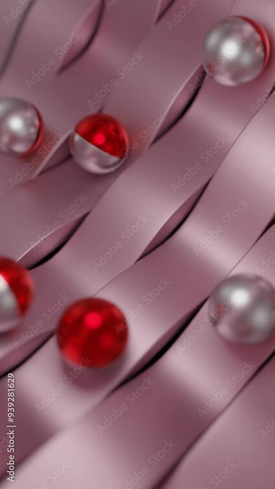 Poster abstract bended metal stripes and rolling pearls along wavy track. design. 3d glossy objects in moti
