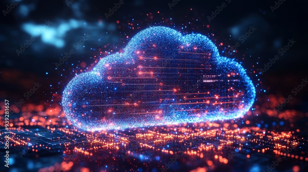 Poster Isometric cloud storage for downloading, representing a digital service or application facilitating data transmission. It embodies network computing technologies, showcasing a futuristic server