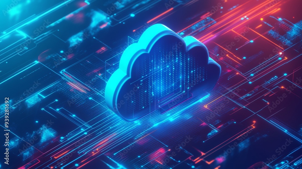 Poster Isometric cloud storage for downloading, representing a digital service or application facilitating data transmission. It embodies network computing technologies, showcasing a futuristic server