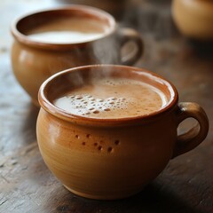 Steaming Hot Beverage in Rustic Pottery Mug on Wooden Table - Photo