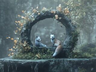  A squirrel stands on ice beside a beautiful city fountain, blending nature and art in a fantasy scene