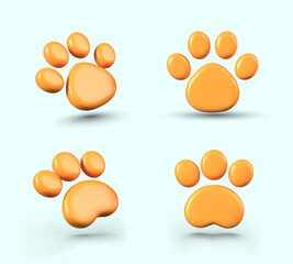 Collection of 3D paw prints of pets. Traces of animals and birds in funny style