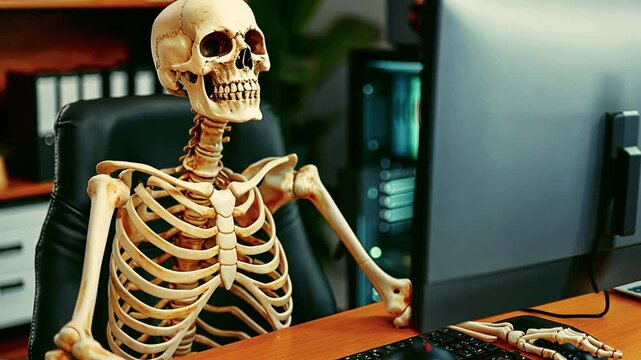 Job burnout. Skeleton sitting at table with laptop and calculator. Computer geek. Mental and physical exhaustion, fatigue, stress from work overload, deadlines. 4k video