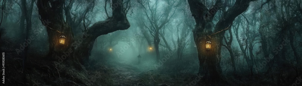 Poster a mysterious forest illuminated by glowing lanterns, shrouded in fog, creating an enchanting and eer