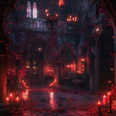 Gothic haunted mansion interior with red candles and eerie lighting, perfect for Halloween, horror, and dark fantasy themes.