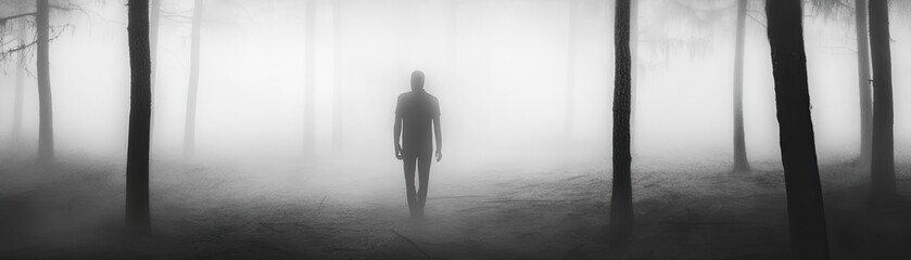 Obraz premium A solitary figure walking through a foggy forest, creating a mysterious atmosphere with shadows and soft light.