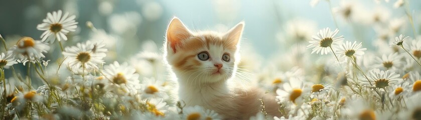 A cute orange kitten exploring a field of daisies, capturing the essence of nature and playfulness in a serene environment.