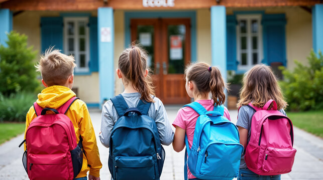 group of children on the first day of school with schoolbags in front of a school
