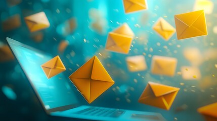 An harmonious blend of vibrant yellow and blue envelopes flying out from a laptop screen, symbolizing the power of email marketing for sales growth
