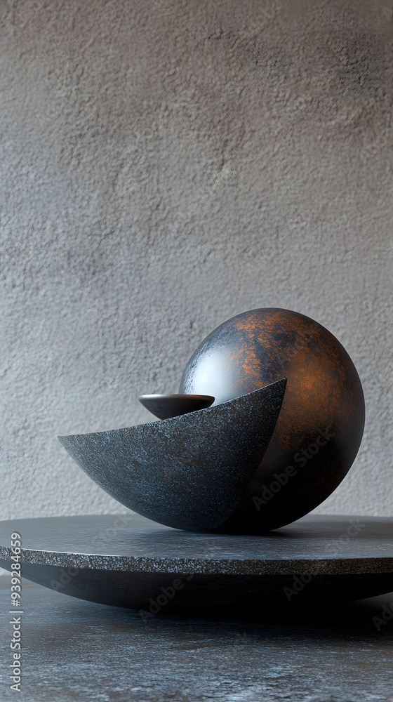 Poster 88. contemporary 3d render with a combination of geometric elements and a smooth ceramic circle surf