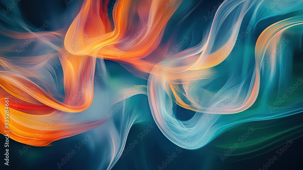 Poster an abstract swirl of colorful smoke creating a captivating blend of motion and light against a dark 