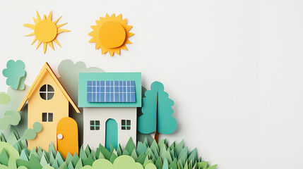 3d paper cut houses solar panel sun green trees white background eco-friendly energy savings sustainability family home concept bright visual copy space banner wallpaper