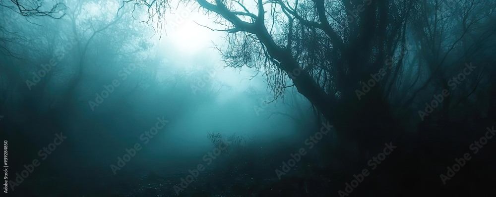 Poster mysterious forest shrouded in fog, featuring dark trees and a mystical atmosphere illuminated by sof