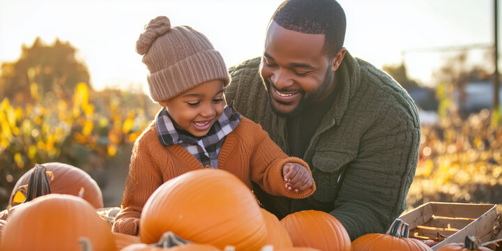 Black father and son enjoying a sunny autumn day at the pumpkin patch