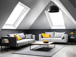 Gray attic living room interior with sofa. 3d rendering
