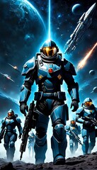 Fototapeta premium Futuristic Combat Soldiers in Space Armor on Desolate Planet with Spaceships and Cosmic Background