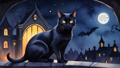 Halloween night,  Black cat, arched back, glowing eyes,  Watercolor style generative ai