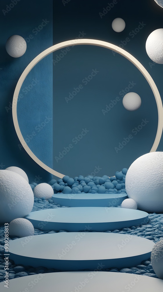 Poster 90. modern 3d design with floating geometric patterns and a polished ceramic circle backdrop