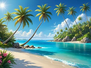 A tranquil beach scene at sunrise, with gentle waves, golden sunlight, and a peaceful atmosphere, fantasy art