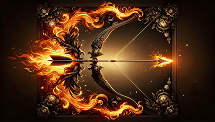 Bow and Arrow with Flames Border concept as Horizontal frame with a bow on the left and a flaming arrow on the right creating a dynamic and fiery Dussehra themed copy space perfect for dramatic design