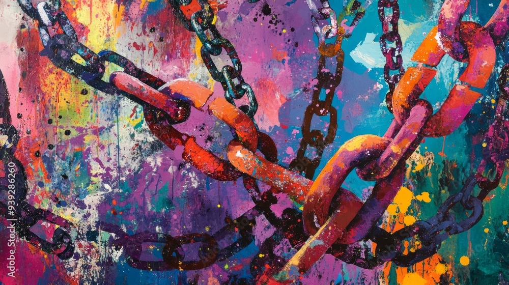 Poster vivid chains intertwined create a powerful visual statement. the colorful background enhances the bo