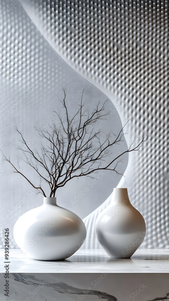 Poster 84. modern 3d render with dynamic geometric patterns and a smooth circle ceramic backdrop